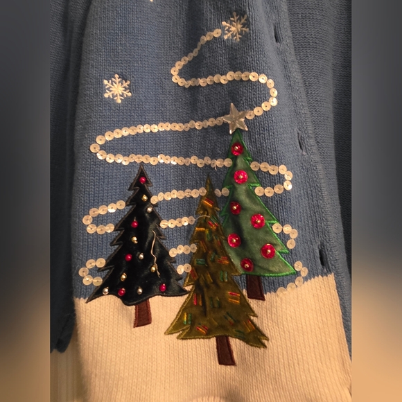 Blue Holiday Sweater with Tree Embellishments - Picture 4 of 6